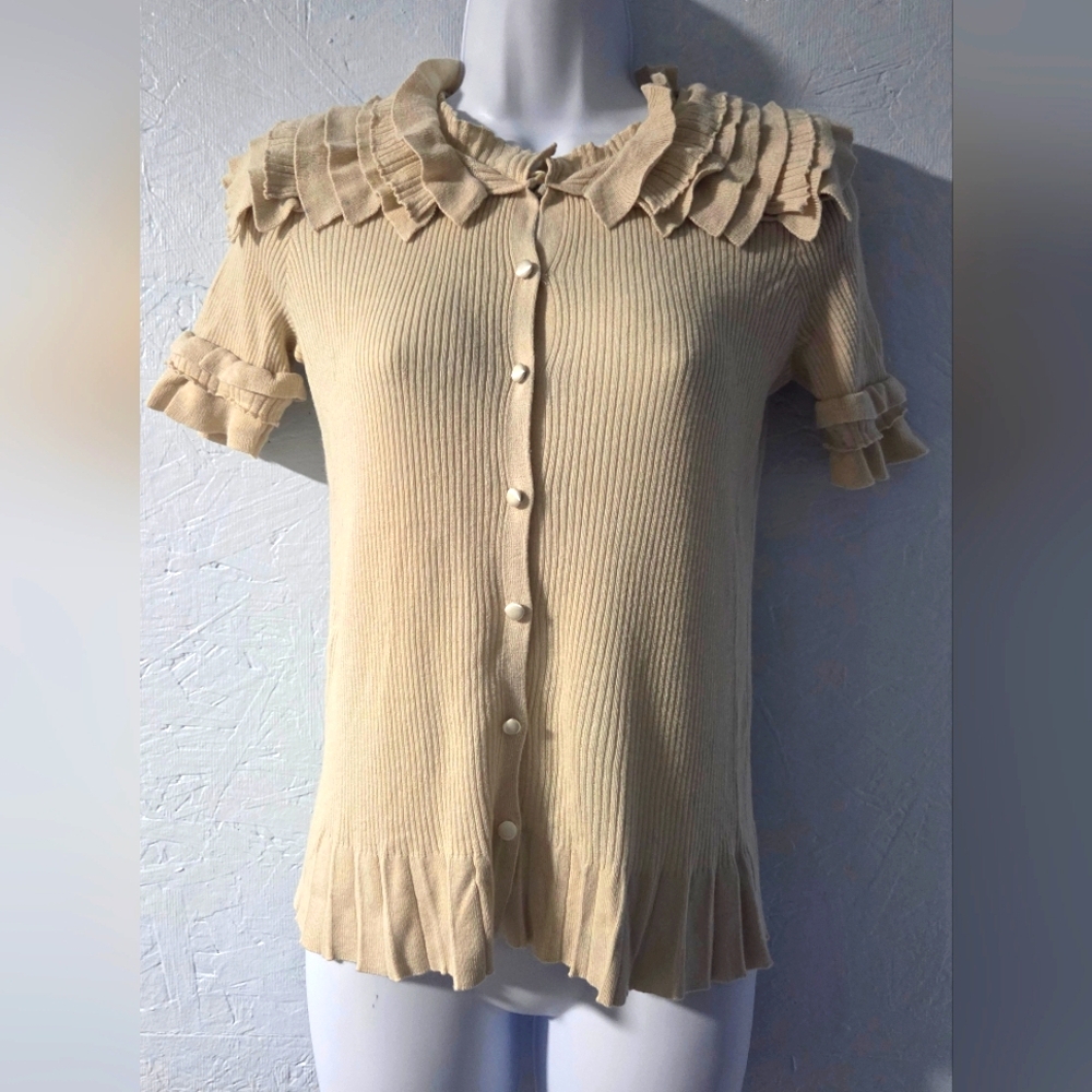 Vintage Y2K Robert Rodriguez Tan Ruffled Short-Sleeve Sweater - M